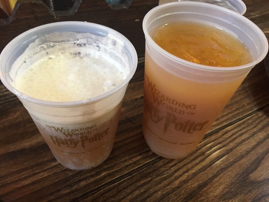 two glasses of butterbeer at the Leaky Cauldron